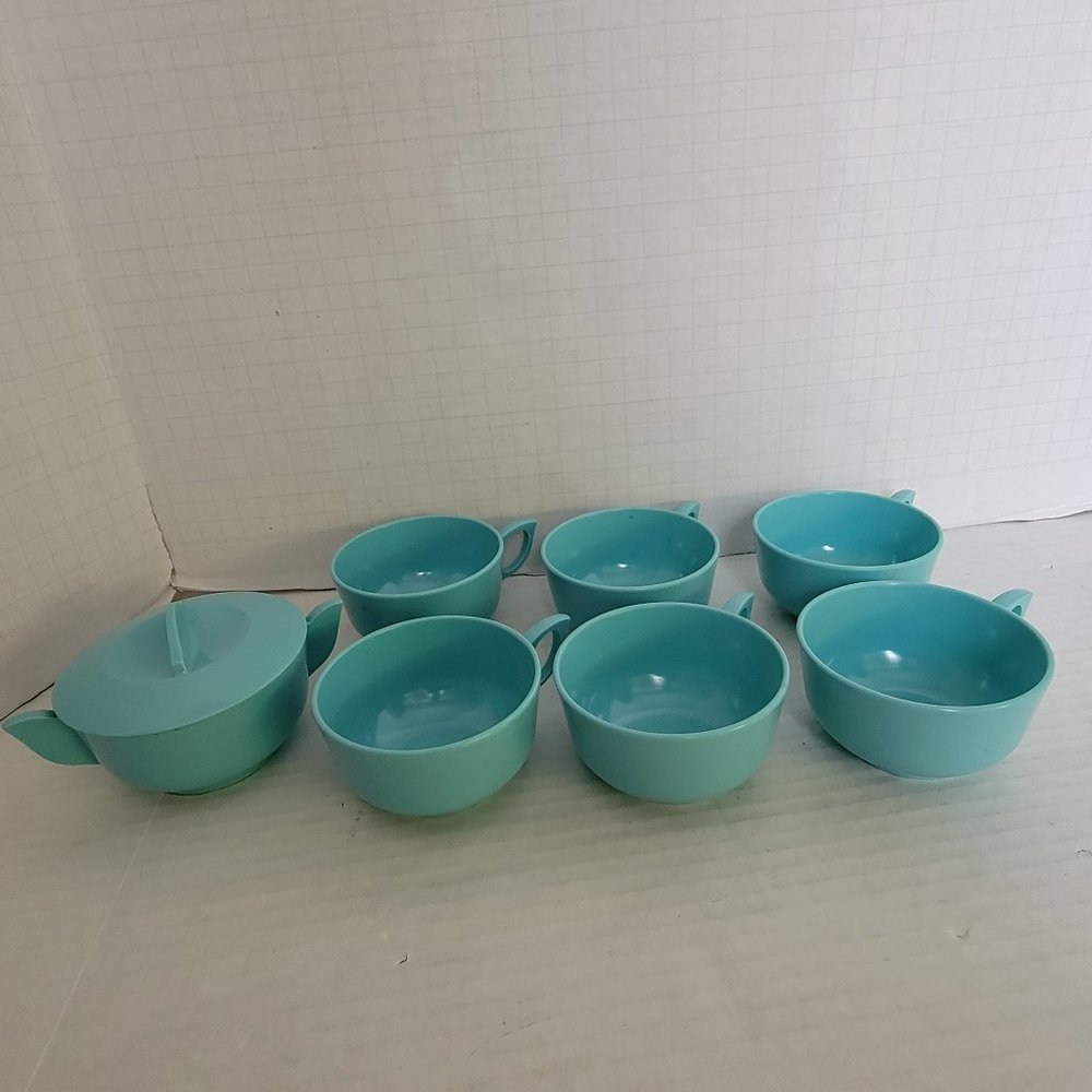 Mid Century 6 Teal Miramar Melmac Dinnerware Cups #106 1 Sugar Bowl w Lid #108